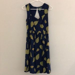 Anthropologie blue dress with gold leaves